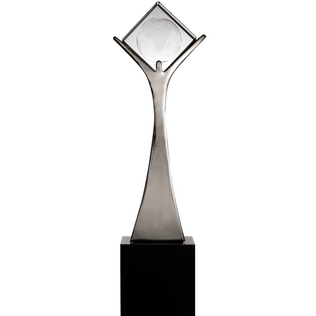 Trophée en métal Atlas avec bloc de verre gravé de la Terre ou de votre logo 